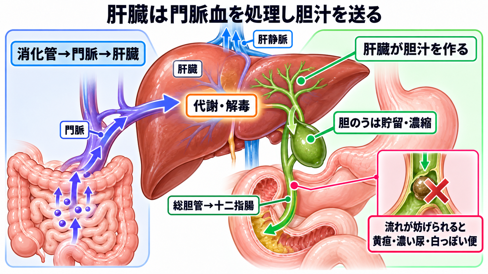 消化器の解剖を流れで理解する｜臓器・腹膜・血流と看護観察の意味：肝臓・胆道・胆のうは、門脈血を処理し胆汁を十二指腸へ届けるの図解