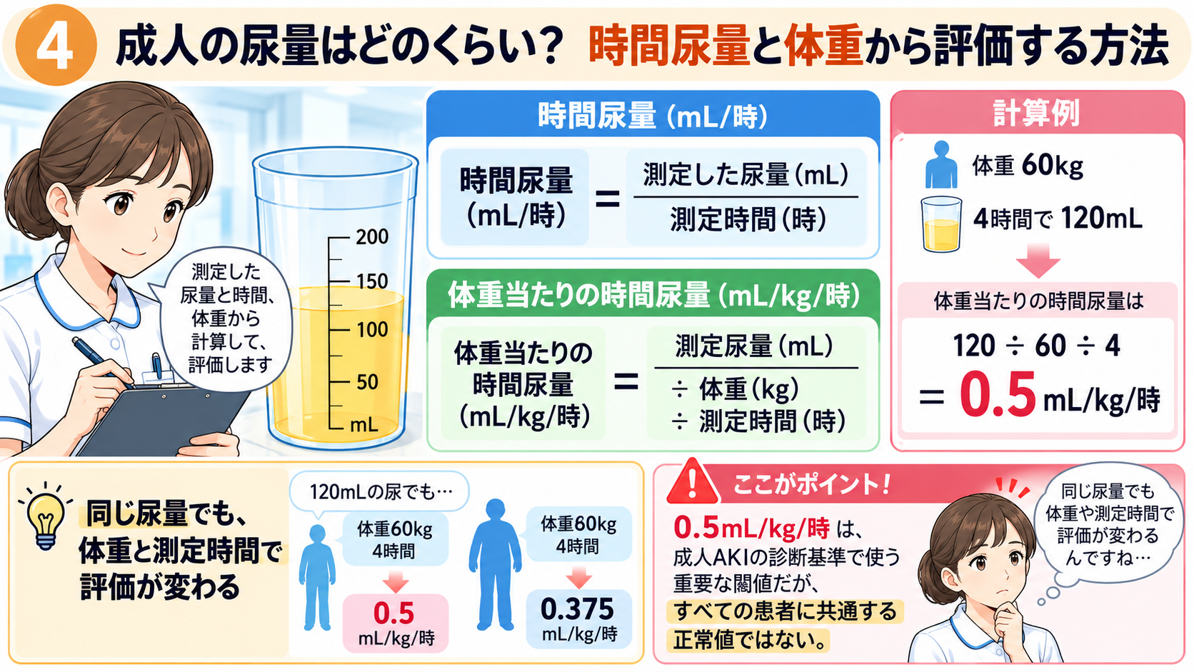 尿量の見かた｜なぜ確認する？正常の目安・尿量が減る原因・看護観察のポイント：成人の尿量はどのくらい？時間尿量と体重から評価する方法の図解
