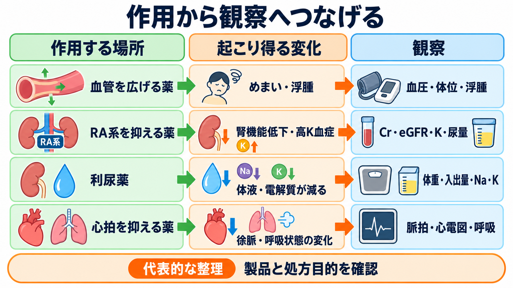 降圧剤の種類と観察ポイント｜作用・副作用・服薬指導を新人看護師向けに整理：薬効群ごとの作用・副作用・観察ポイントを一覧でつかむの図解