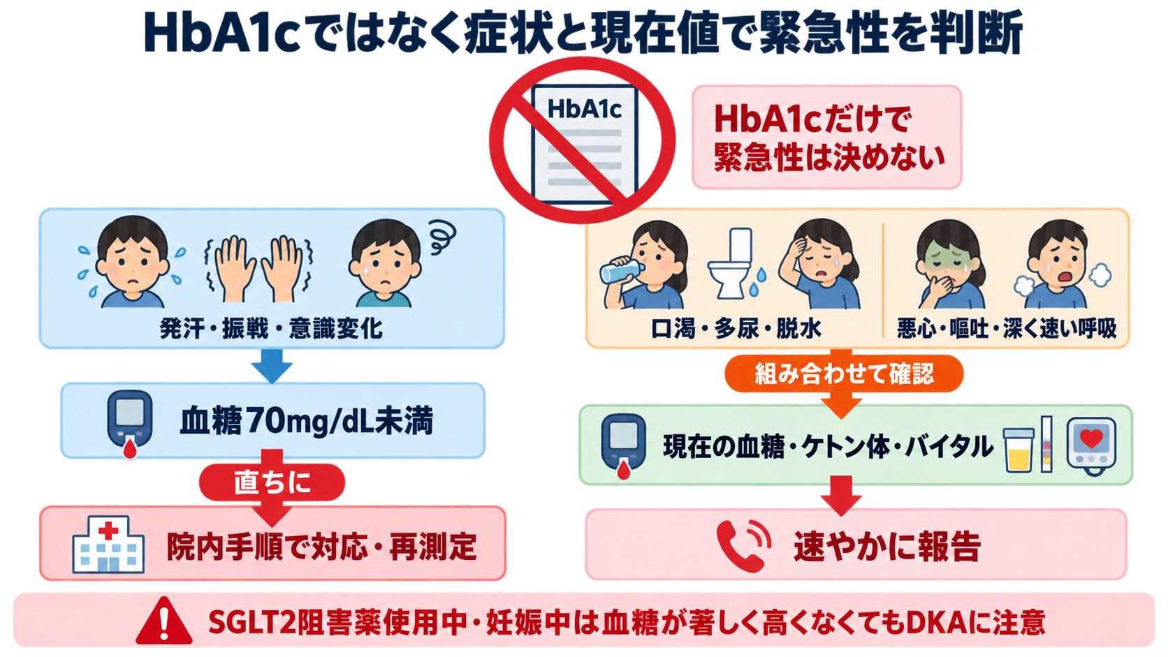 HbA1cとは？血糖値との違いと数値の読み方を看護師向けに解説：HbA1cではなく症状と現在の血糖値で緊急性を判断するの図解