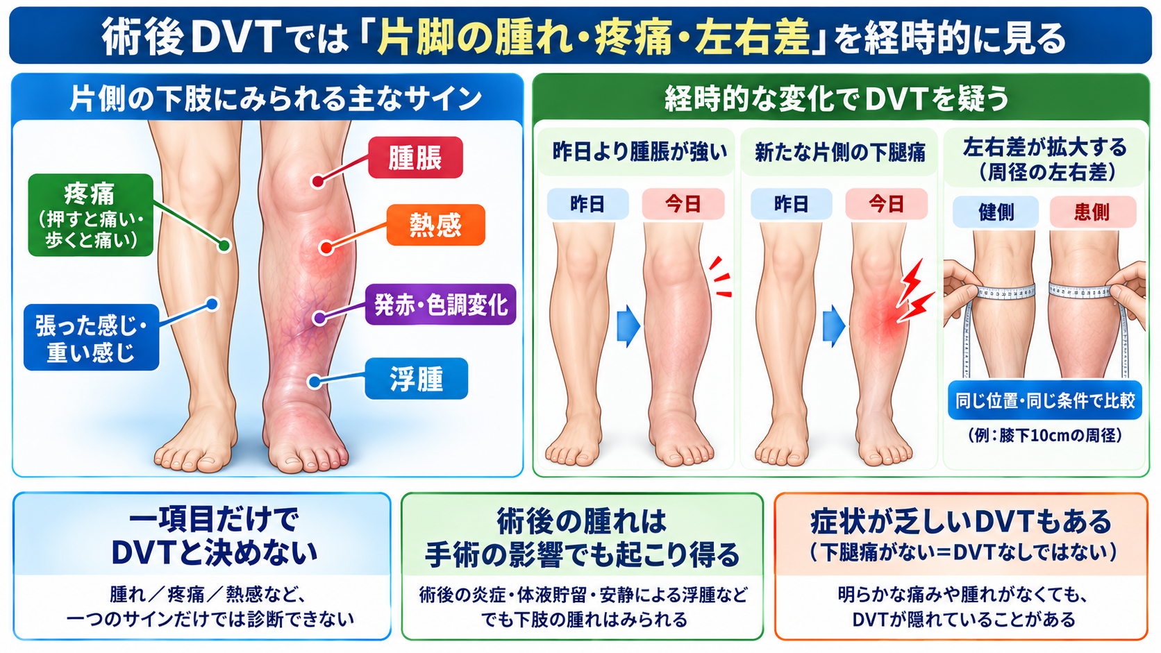 深部静脈血栓症を起こしやすい手術とは？術後DVTのリスクと予防・看護観察を解説：術後DVTでは「片脚の腫れ・疼痛・左右差」を経時的に見るの図解