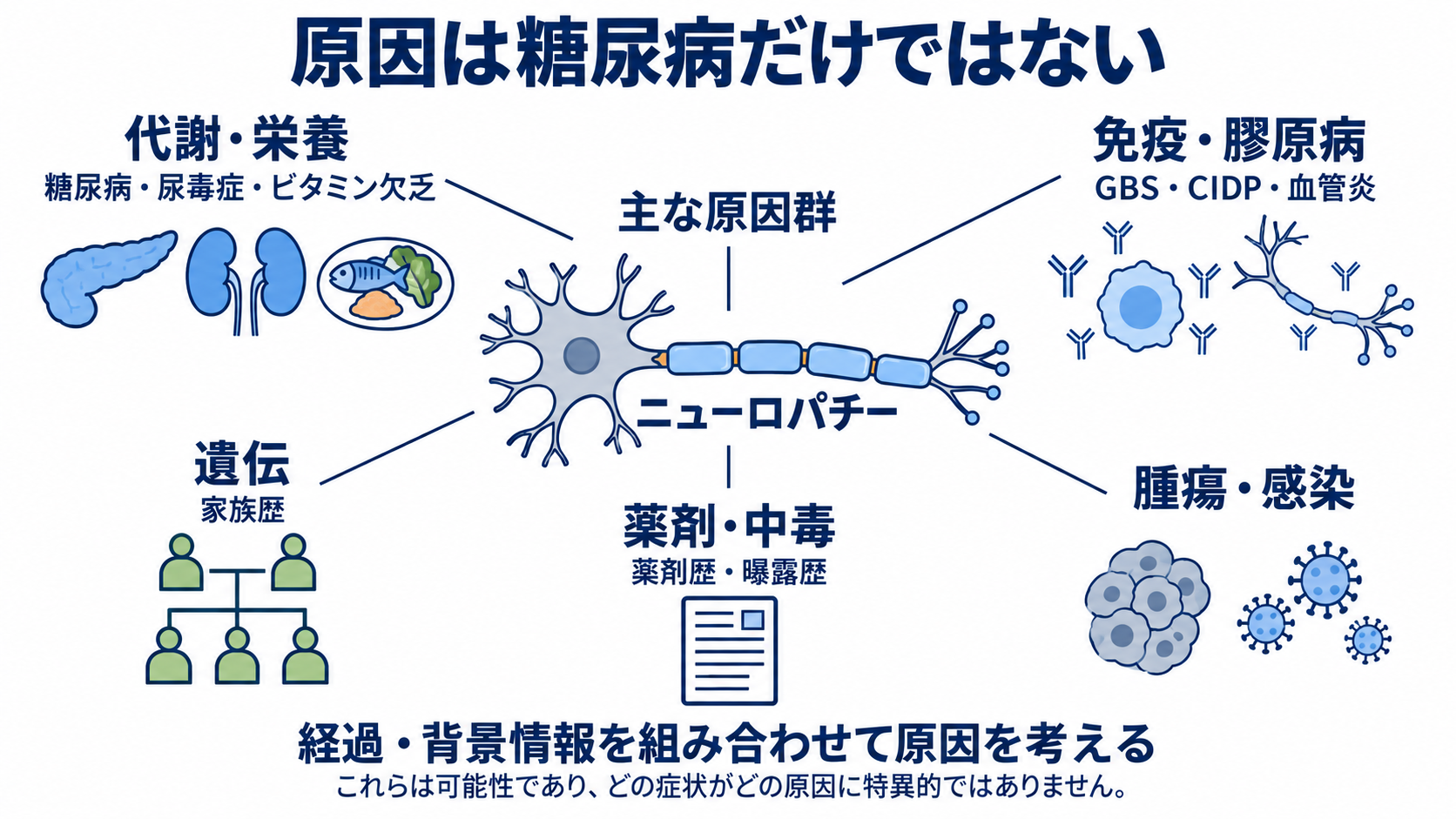 ニューロパチーとは？原因・症状・検査から看護観察と緊急性まで分かりやすく解説：原因は糖尿病だけではない―免疫・栄養・遺伝・薬剤など幅広く考えるの図解