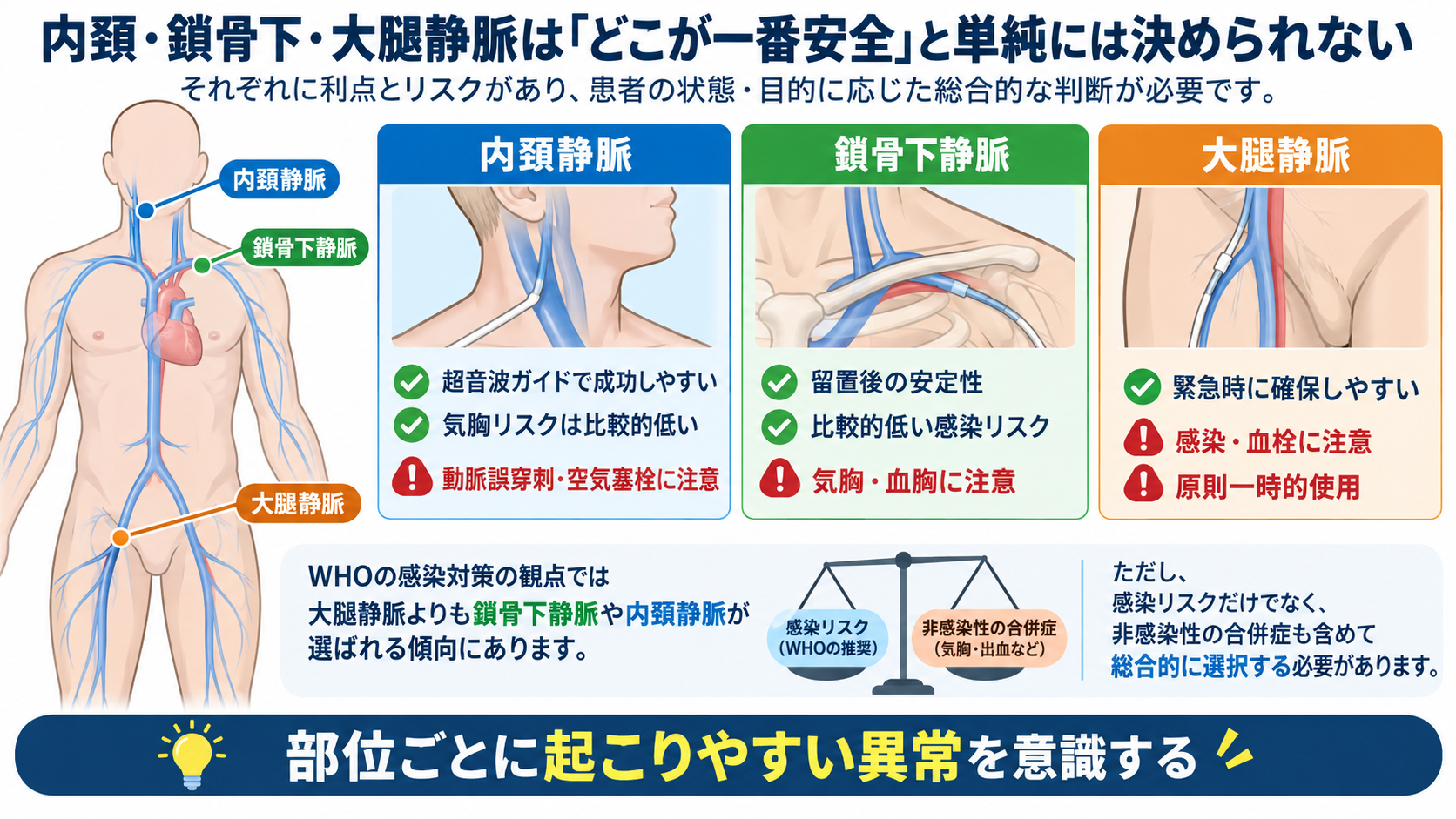 CVカテーテルとは？目的・種類から管理、観察項目、感染・閉塞・空気塞栓まで解説：内頚・鎖骨下・大腿静脈は「どこが一番安全」と単純には決められないの図解