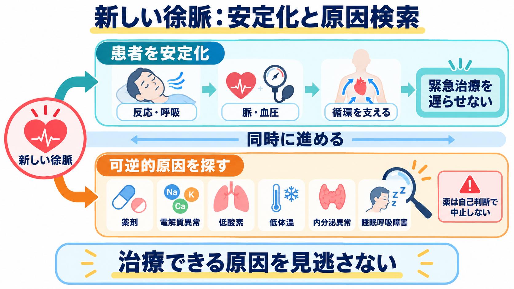 徐脈をどう見分ける？洞徐脈・SSS・徐脈頻脈症候群・房室ブロックの心電図と看護：新しい徐脈では、可逆的な原因を探しながら患者を安定化するの図解
