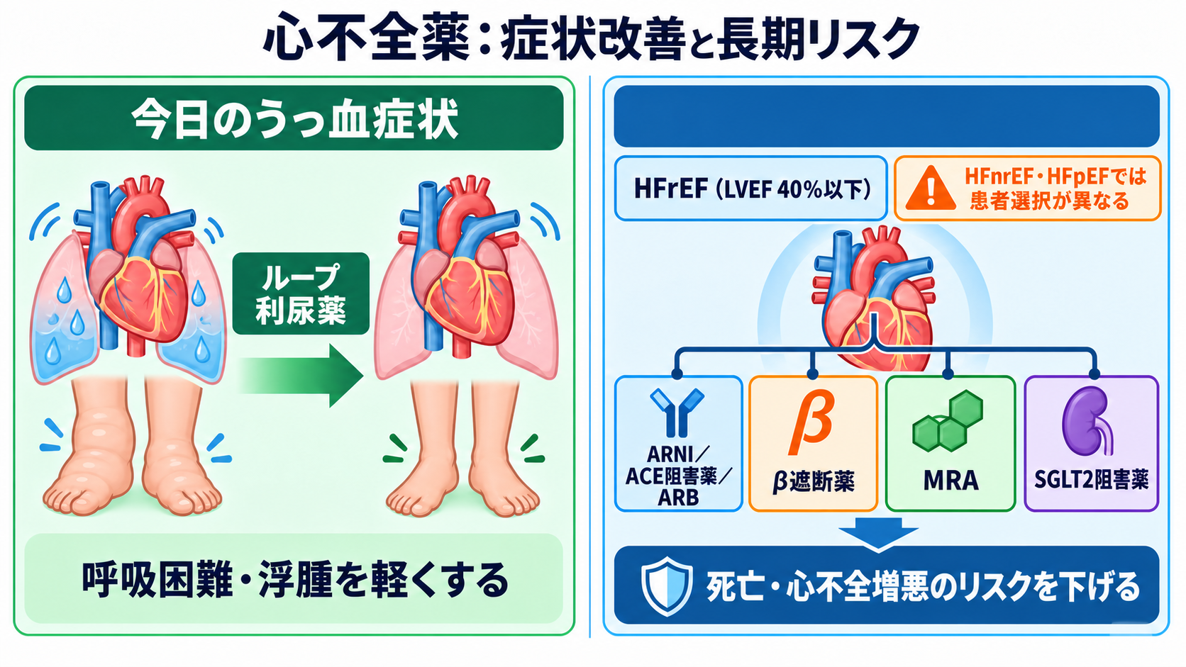 心臓の薬は何を変える？商品名からつなぐ作用と看護観察：心不全の薬は「症状を抜く薬」と「長期リスクを下げる薬」を分けて考えるの図解