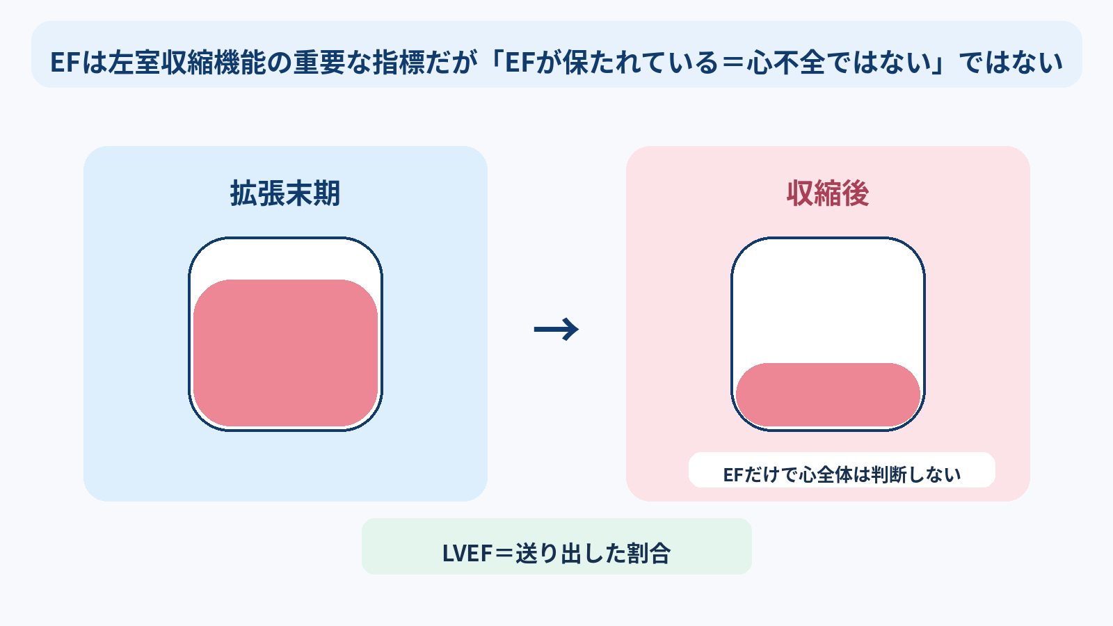 心臓の構造と機能を基礎から理解する｜4つの部屋・弁・血流・刺激伝導・心拍出量と看護観察：EFは左室収縮機能の重要な指標だが「EFが保たれている＝心不全ではない」ではないの図解