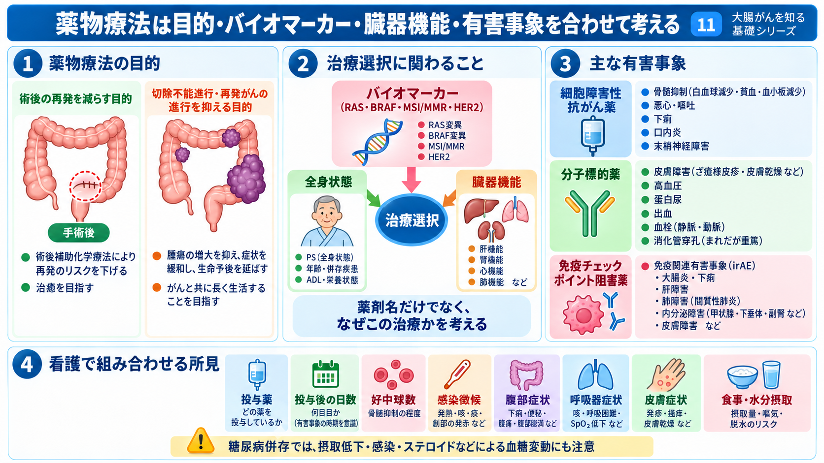 大腸がんとは？症状・検査・治療から術後の看護観察まで分かりやすく解説：薬物療法は「抗がん薬を使うか」だけでなく、治療目的・バイオマーカー・臓器機能・有害事象を合わせて考えるの図解