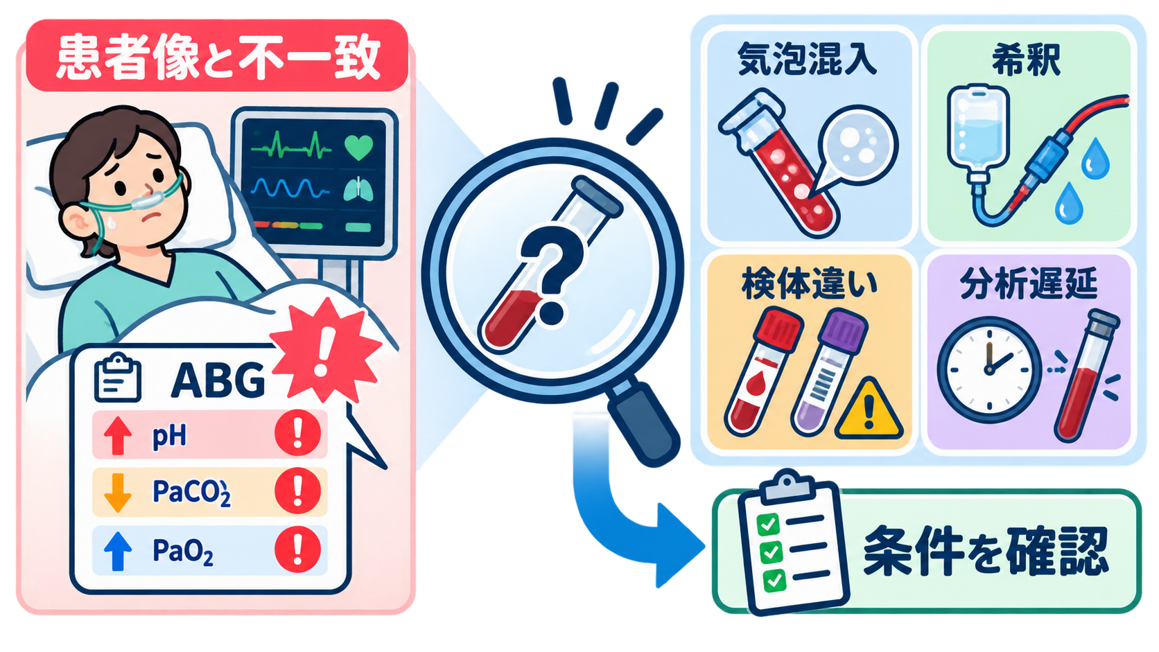 血液ガスの読み方｜pH・換気・酸素化を3ステップで看護判断へつなげる：患者像と合わない結果は、採血・検体条件を疑うの図解