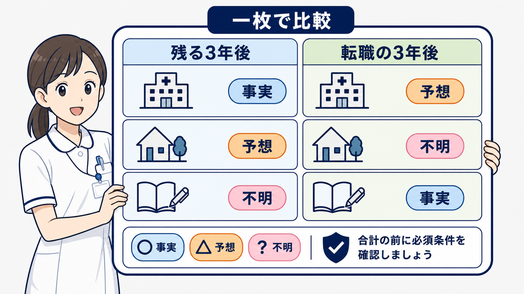 看護師が転職に迷うとき｜転職した場合・残った場合の3年後を比べる方法：2つの3年後は「事実・予想・不明」に分けて一枚にまとめるの図解