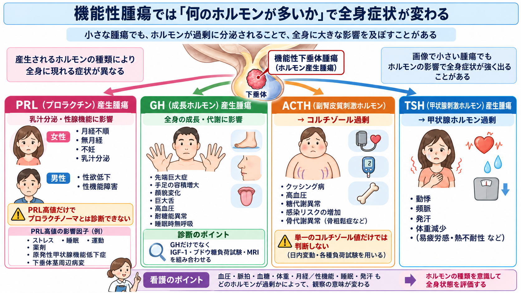 脳下垂体腫瘍とは？症状・ホルモン異常・治療と術後看護の観察ポイント：機能性腫瘍では「何のホルモンが多いか」で全身症状が変わるの図解