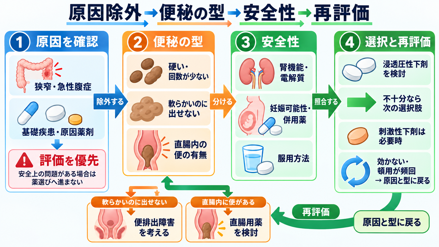 便秘の薬一覧｜作用別の使い分けと看護観察・注意点：薬の使い分けは「原因除外→便秘の型→安全性→再評価」の順で考えるの図解