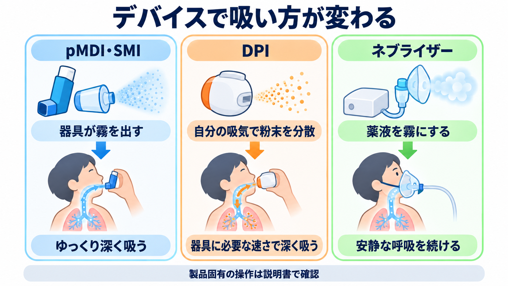 吸入薬の使い方が分かる｜薬の種類・デバイス・うがい・吸入指導の基本：デバイスの違いは「薬を霧や粉にする力」と「必要な吸い方」で見分けるの図解