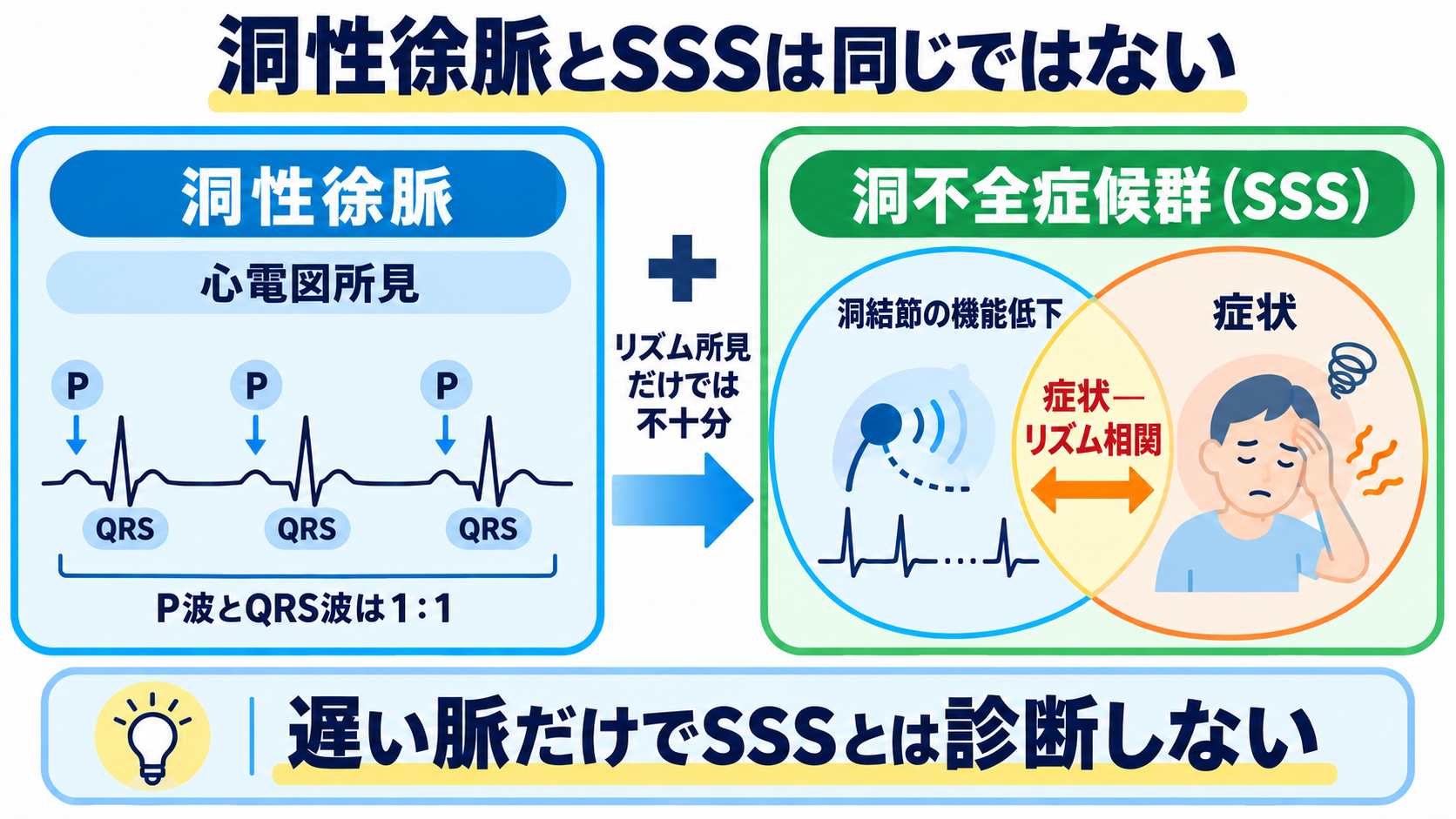 徐脈をどう見分ける？洞徐脈・SSS・徐脈頻脈症候群・房室ブロックの心電図と看護：洞性徐脈は心電図所見、SSSは症状との関係を含む臨床的な病態であるの図解