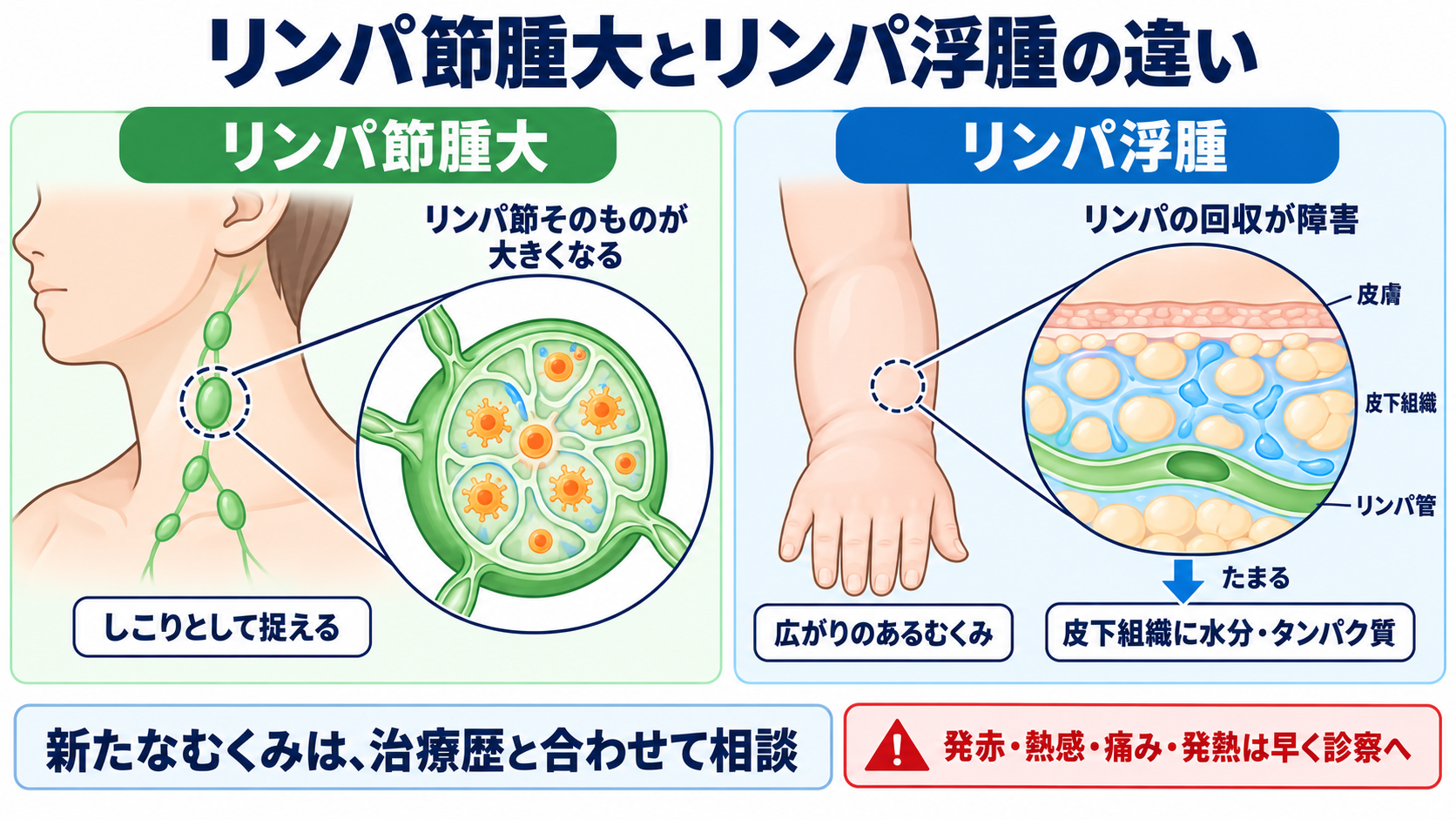 リンパ節の働きと腫れの見方を、看護の観察につなげる：リンパ節腫大とリンパ浮腫は、腫れているものが異なるの図解