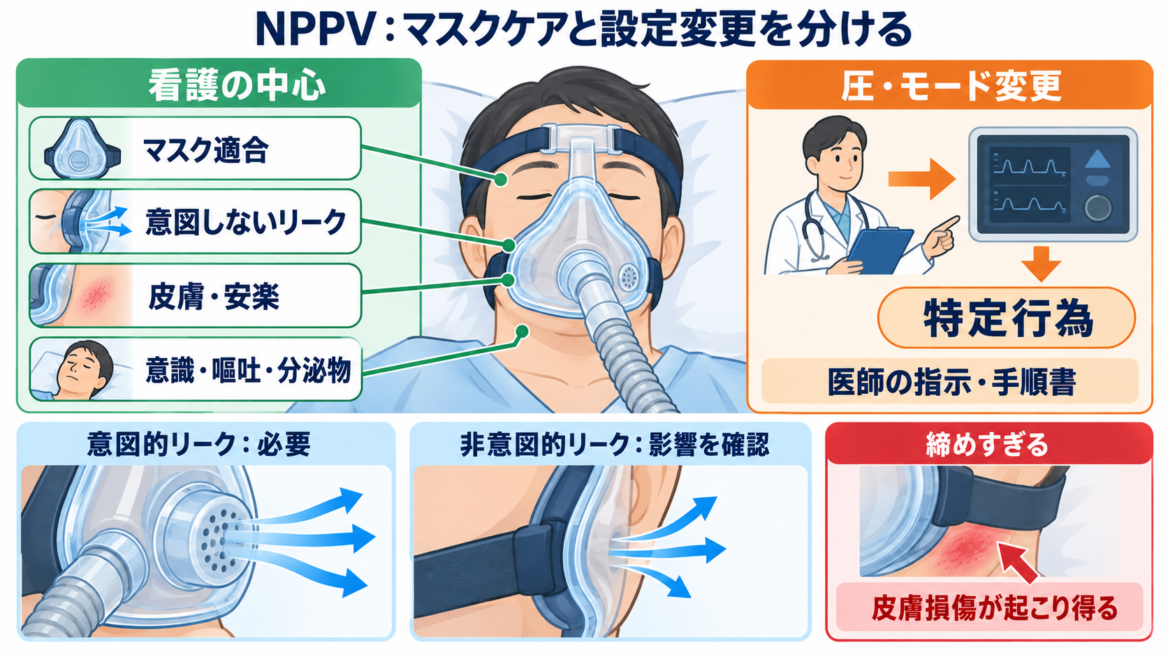 呼吸管理デバイス別にわかる看護師の介入範囲―酸素マスク・HFNC・NPPV・人工呼吸器をどこまで扱うか：NPPVではマスクケアが治療効果を左右し、設定変更は特定行為に該当するの図解