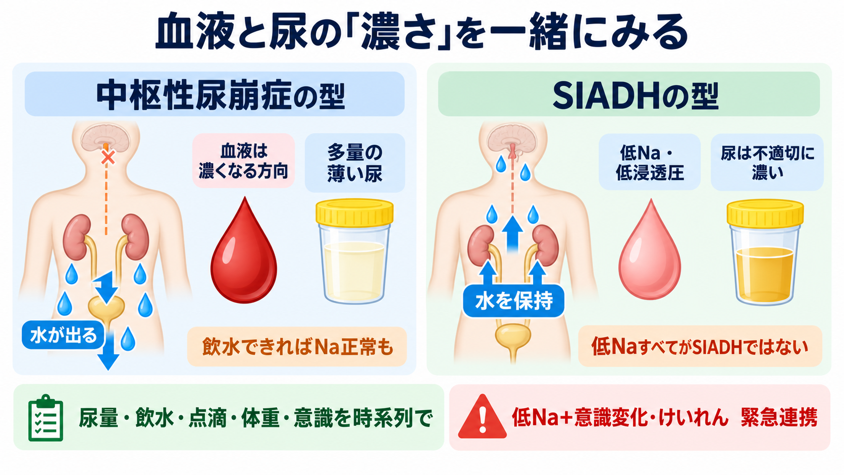 内分泌で覚えておきたい検査｜ホルモンの組み合わせと看護観察が分かる：多尿と低Naは、血液と尿の「濃さ」を一緒にみるの図解