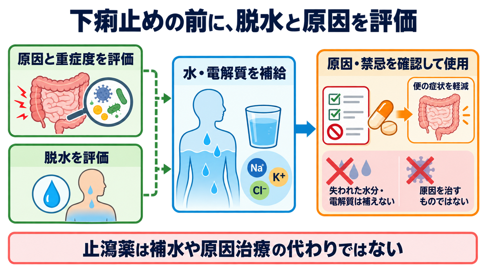 下痢止めの薬一覧｜作用の違い・使ってはいけない下痢・看護観察を解説：下痢止めを使う前に、脱水と原因を評価するの図解