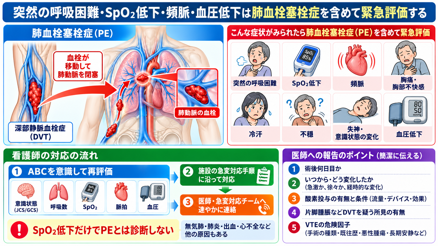 深部静脈血栓症を起こしやすい手術とは？術後DVTのリスクと予防・看護観察を解説：突然の呼吸困難・SpO₂低下・頻脈・血圧低下は肺血栓塞栓症を含めて緊急評価するの図解