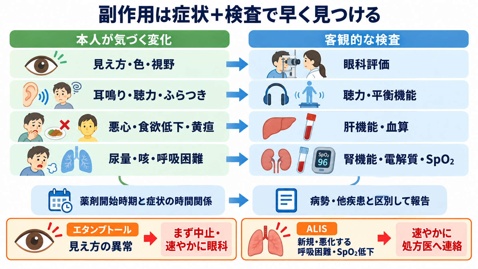 肺NTM症とは？診断・治療と看護観察を「菌が出た」から順に理解する：長期治療では、副作用を症状と検査の両方から早期に見つけるの図解