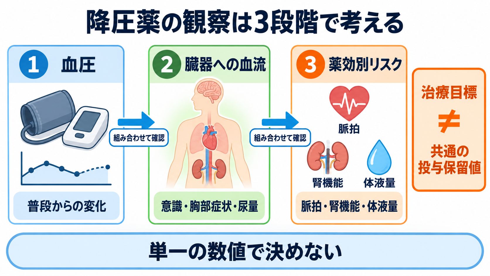 降圧剤の種類と観察ポイント｜作用・副作用・服薬指導を新人看護師向けに整理：まず押さえる結論：降圧薬の観察は「血圧・臓器灌流・薬効別リスク」の3段階で考えるの図解
