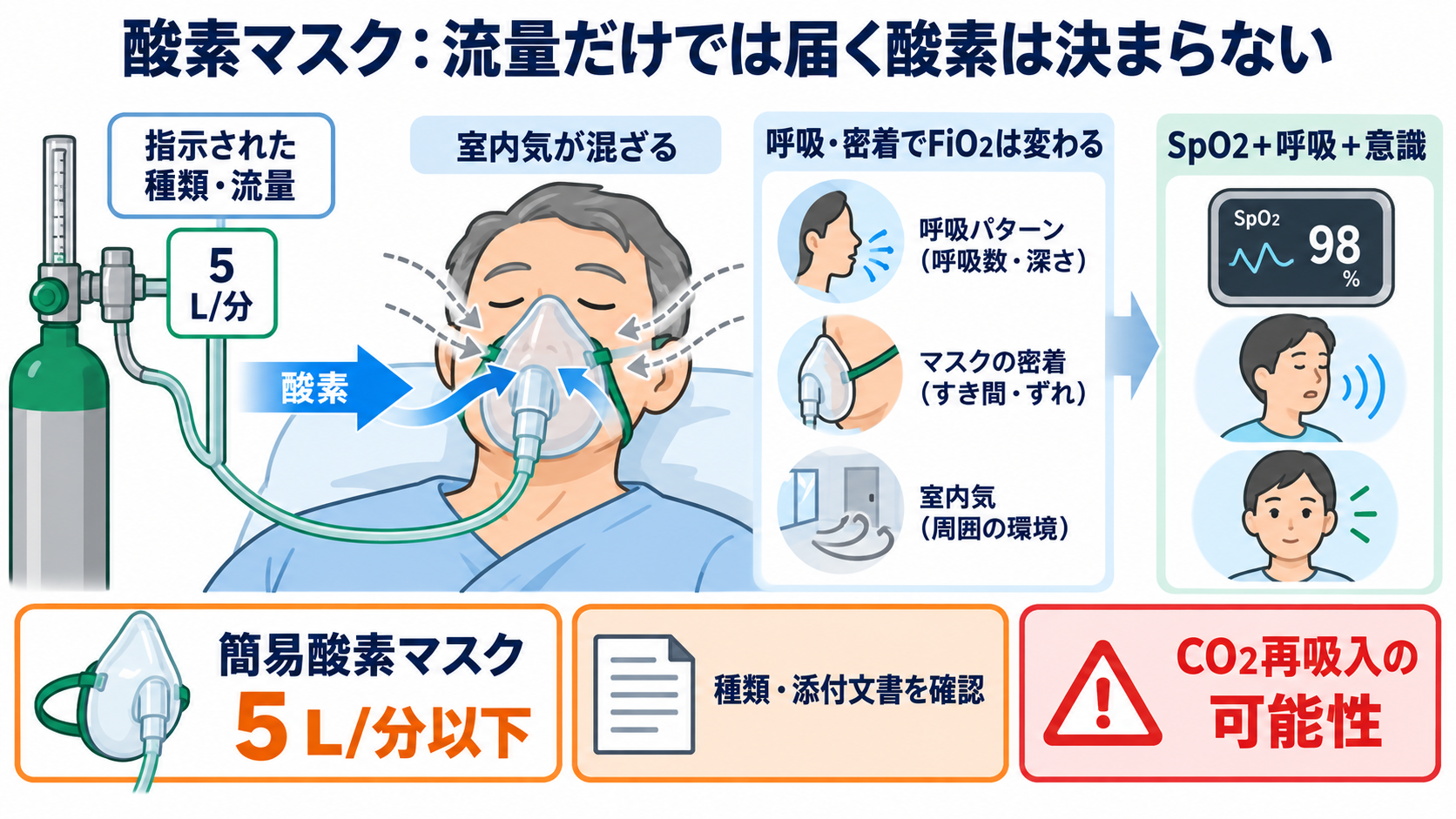 呼吸管理デバイス別にわかる看護師の介入範囲―酸素マスク・HFNC・NPPV・人工呼吸器をどこまで扱うか：酸素マスクでは装着だけでなく「実際に届く酸素」と目標範囲を確認するの図解