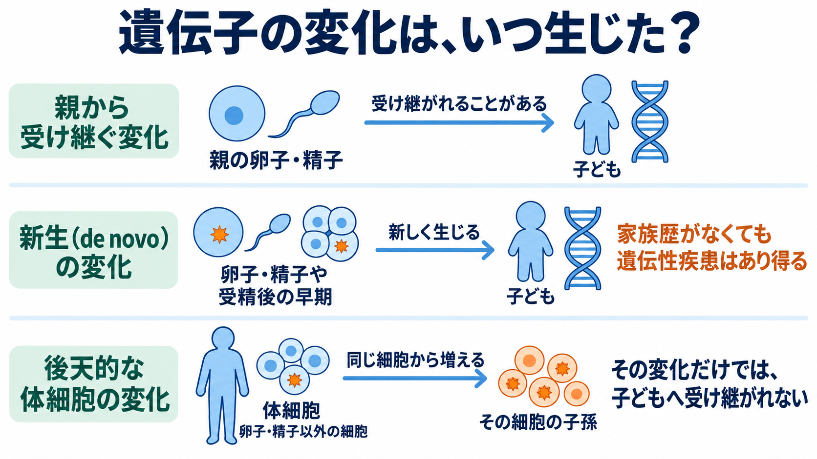 遺伝子の異常でなりやすい病態は？がん・遺伝性疾患の仕組みと看護での捉え方：遺伝子が原因でも、親から受け継いだとは限らないの図解
