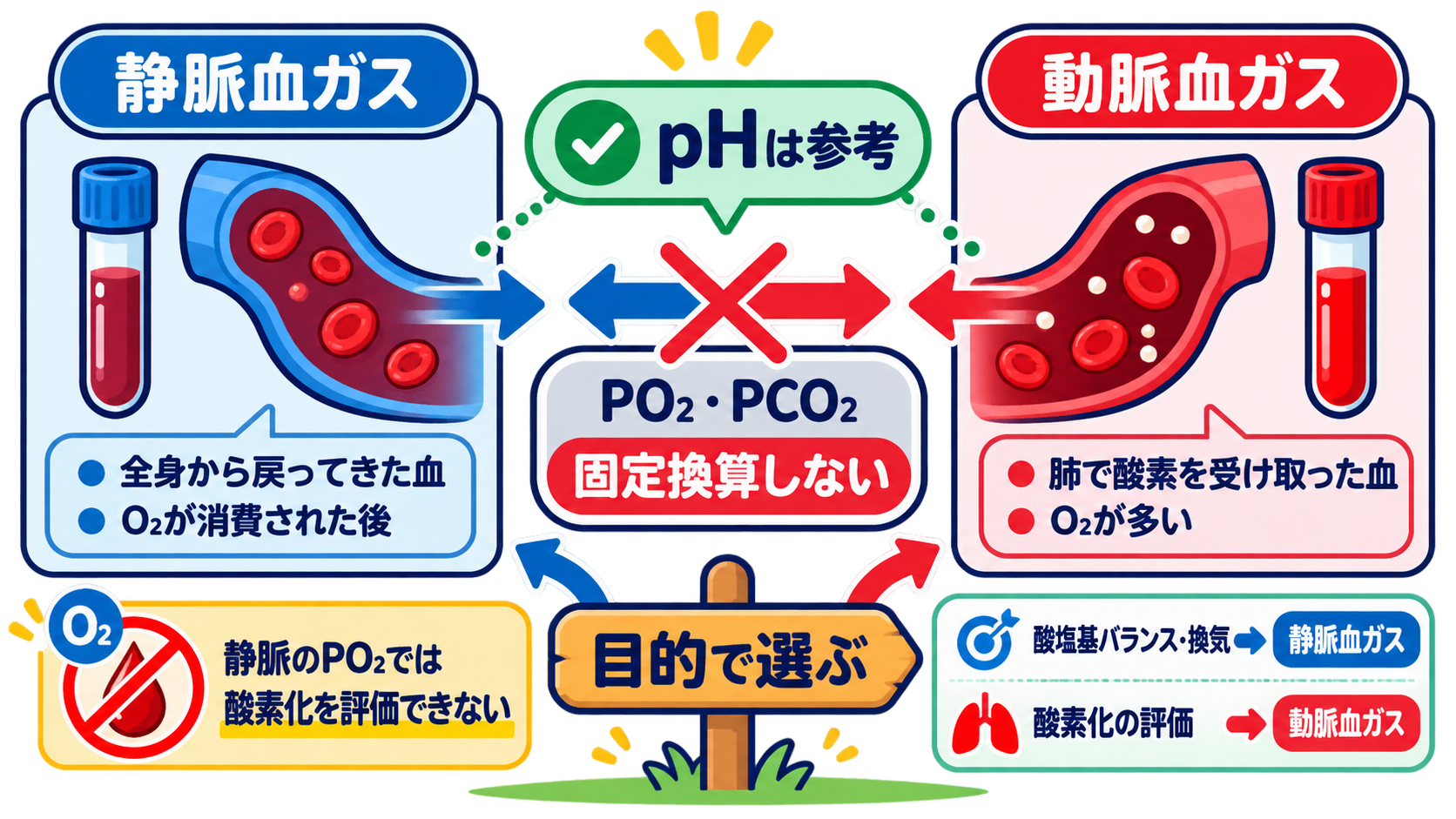 血液ガスの読み方｜pH・換気・酸素化を3ステップで看護判断へつなげる：静脈血ガスのpHは参考になるが、PO₂とPaCO₂は固定換算しないの図解