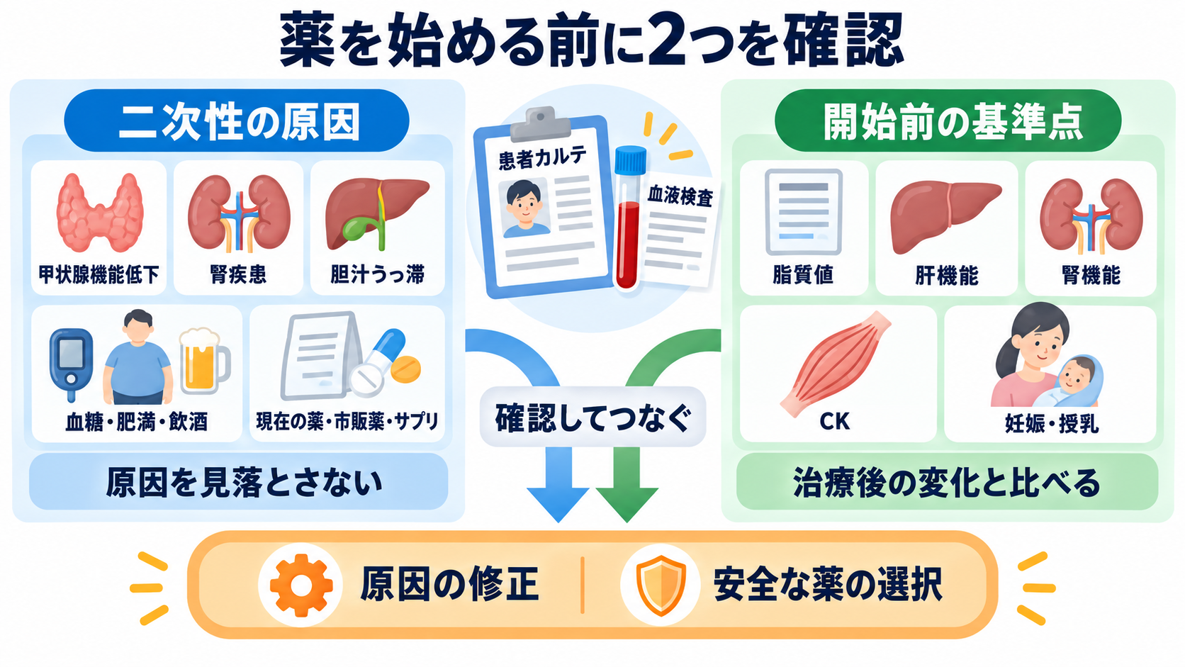 脂質異常症治療薬を整理する：作用・使い分け・副作用と看護観察：薬を始める前に二次性の原因と基準点を確認するの図解