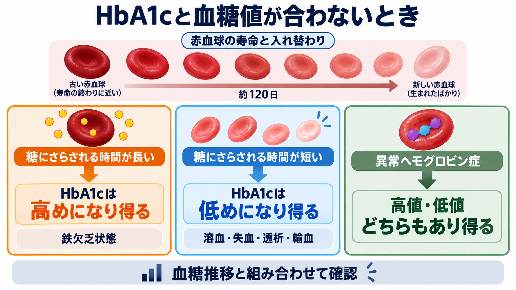 HbA1cとは？血糖値との違いと数値の読み方を看護師向けに解説：HbA1cと血糖値が合わないときは赤血球の状態を確認するの図解