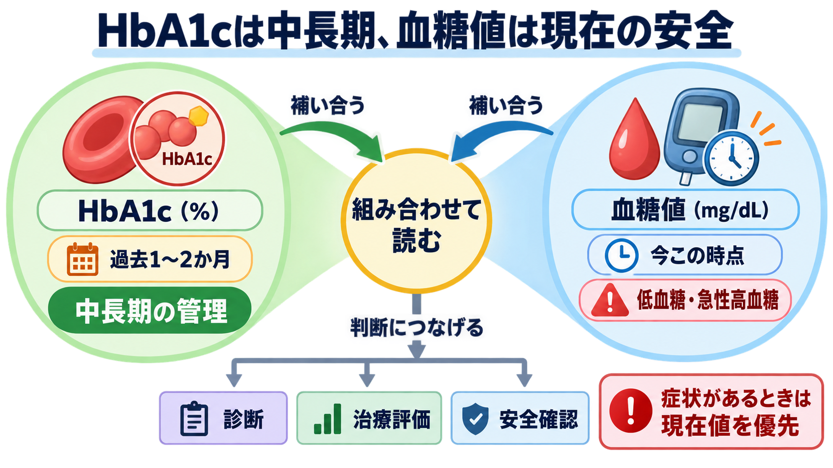 HbA1cとは？血糖値との違いと数値の読み方を看護師向けに解説：HbA1cは中長期、血糖値は現在の安全を確認する指標の図解