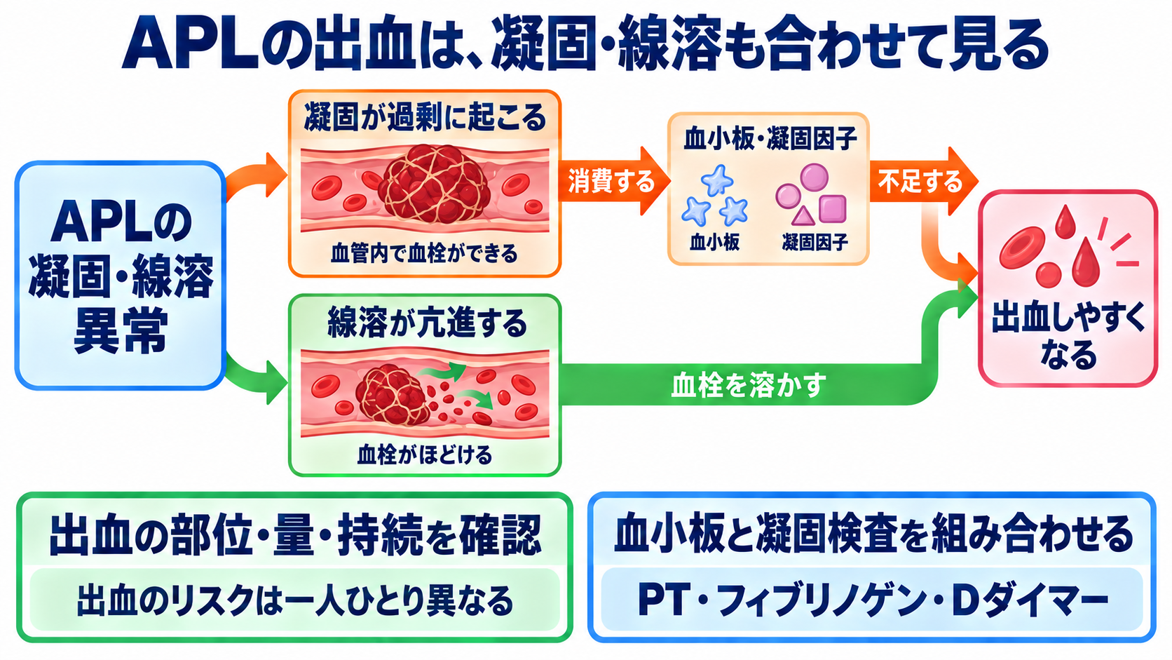 成人の白血病を、病態・検査・治療と看護観察のつながりから理解する：出血傾向とAPLの合併症は、何を合わせて評価するかの図解