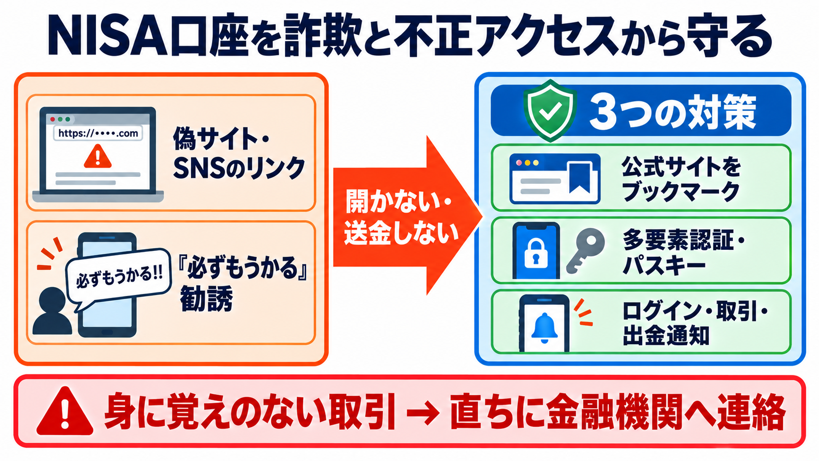 NISAとは？看護師・看護学生が知っておきたい仕組み・始め方・注意点：偽サイトとSNS投資詐欺を避け、証券口座の多要素認証を有効にするの図解