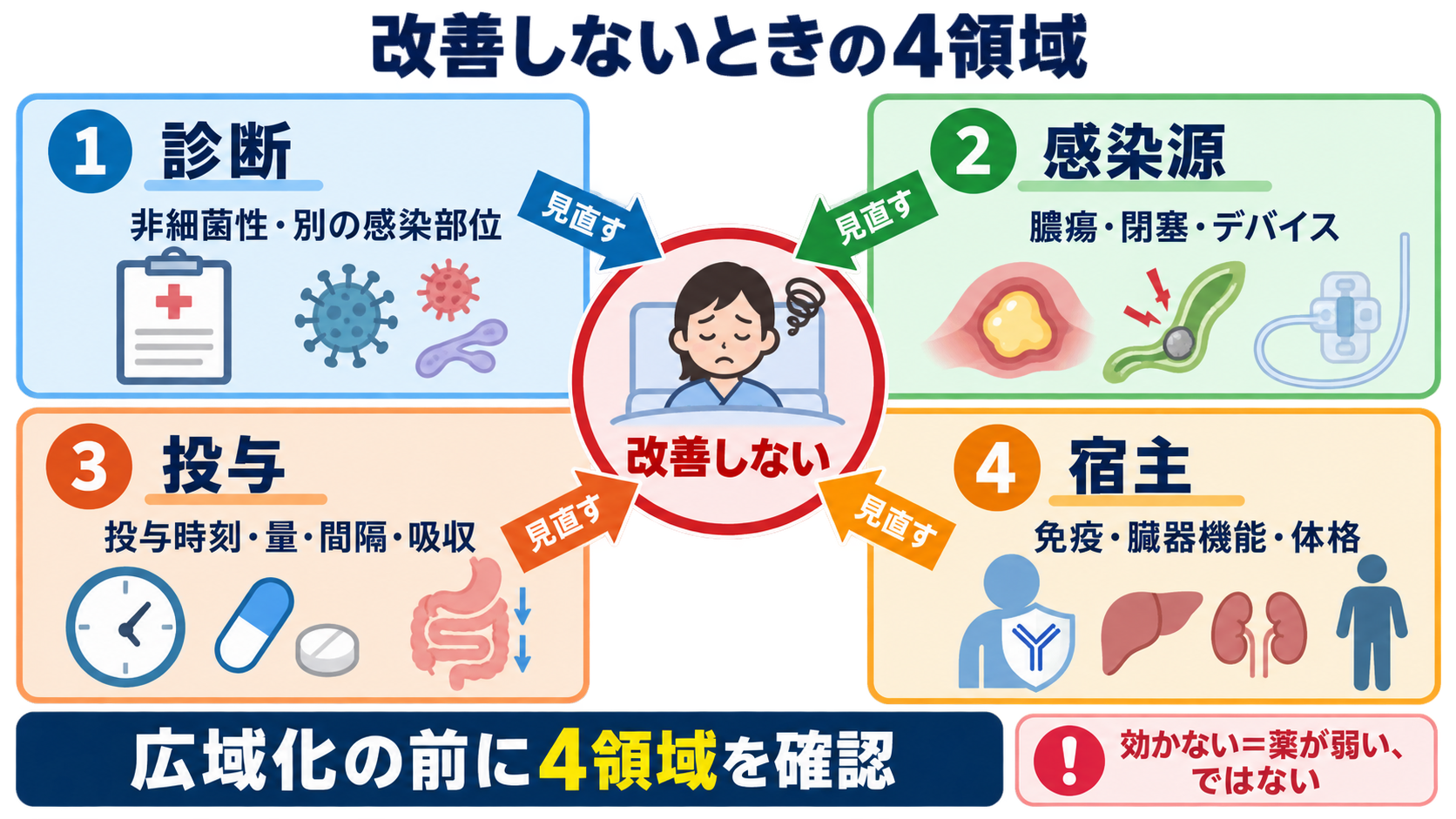 抗菌薬の看護で迷わない｜選択の考え方・投与前確認・観察・TDMの基本：改善しないときは、すぐ広域化する前に「薬以外の失敗」を探すの図解