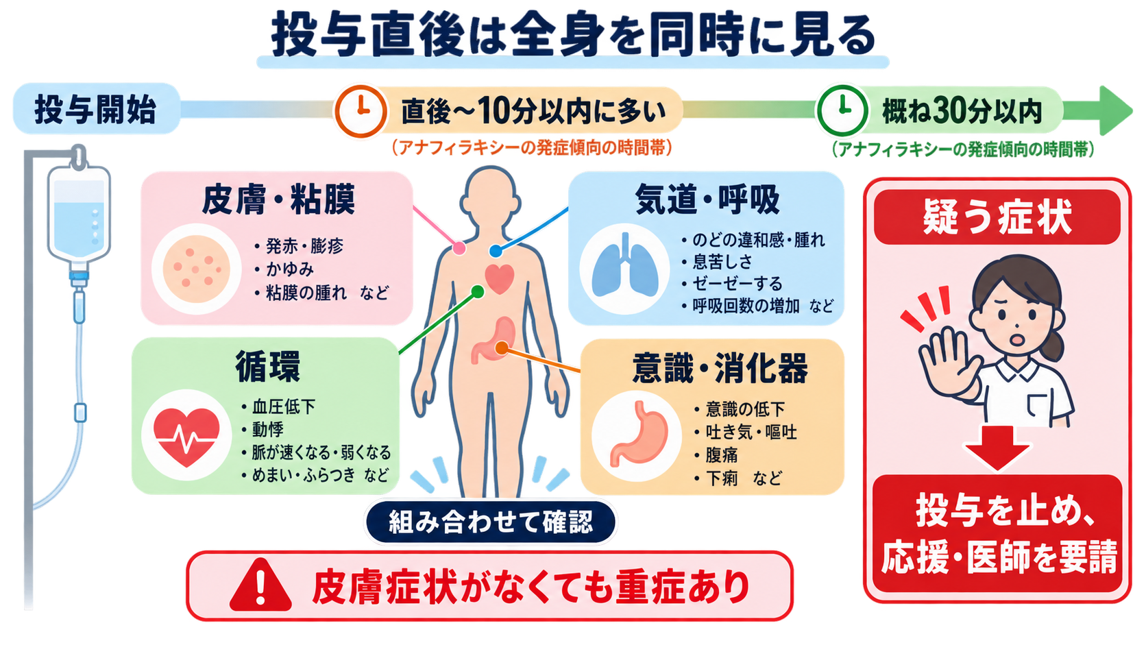 抗菌薬の看護で迷わない｜選択の考え方・投与前確認・観察・TDMの基本：投与開始直後は、皮膚だけでなく気道・呼吸・循環・意識を同時に見るの図解