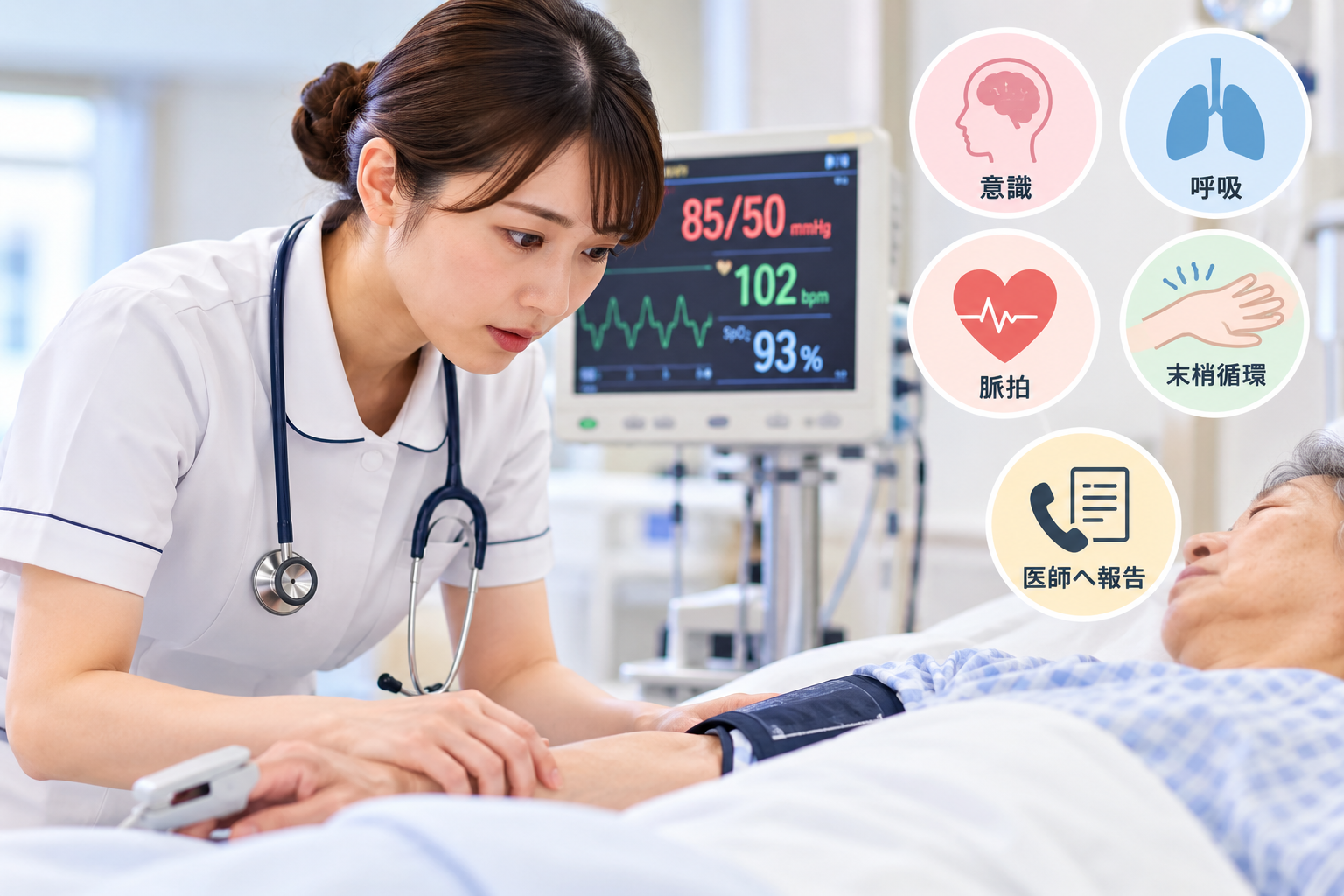 患者の血圧が下がったときの看護対応｜緊急性の判断・観察項目・医師への報告を解説の代表画像