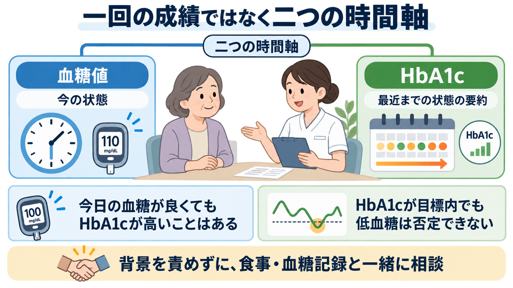 HbA1cとは？血糖値との違いと数値の読み方を看護師向けに解説：患者には「一回の成績」ではなく二つの時間軸として説明するの図解