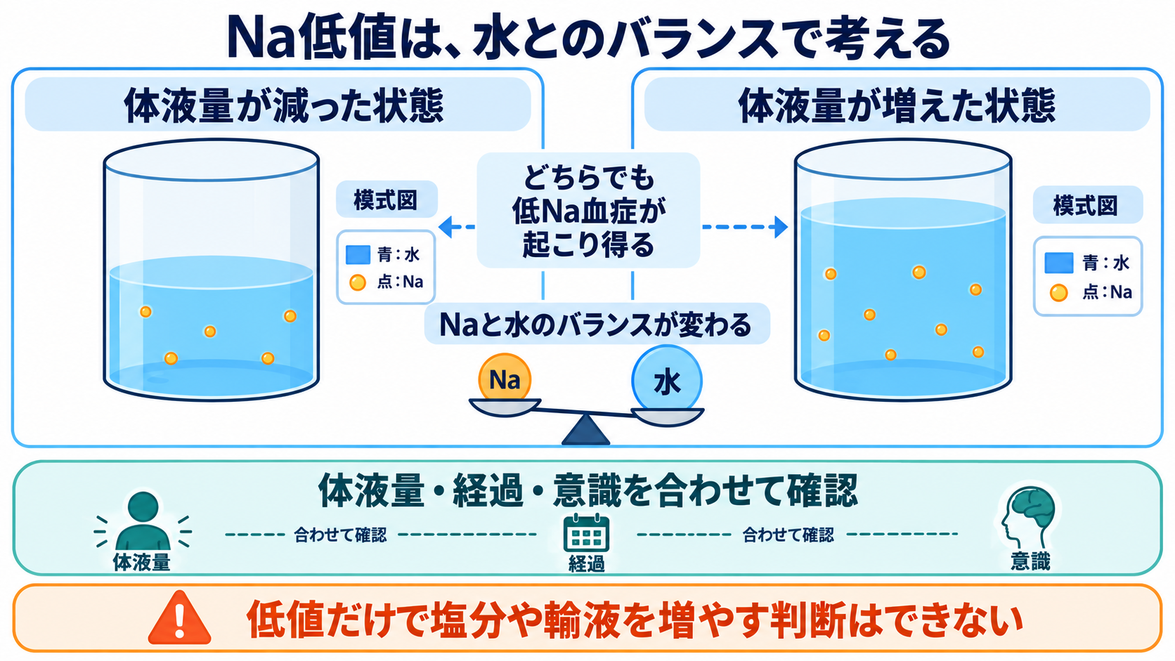 主な生化学検査の一覧から、数値の意味と看護での見方を学ぶ：Na・K・Clは、体液と心臓・神経・筋肉の状態につなげるの図解