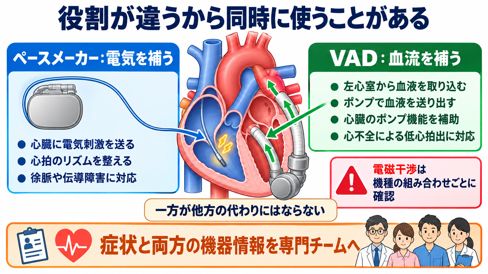 ペースメーカーとVADの違いとは？仕組み・適応・看護観察を循環の視点で整理：ペースメーカーとVADは同時に使うことがあるの図解