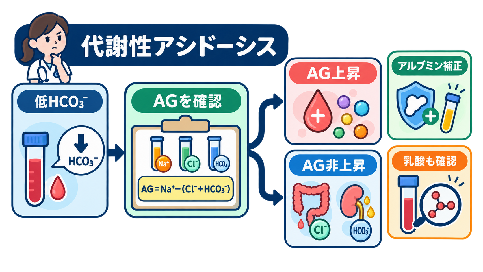 血液ガスの読み方｜pH・換気・酸素化を3ステップで看護判断へつなげる：代謝性アシドーシスではアニオンギャップを追加するの図解