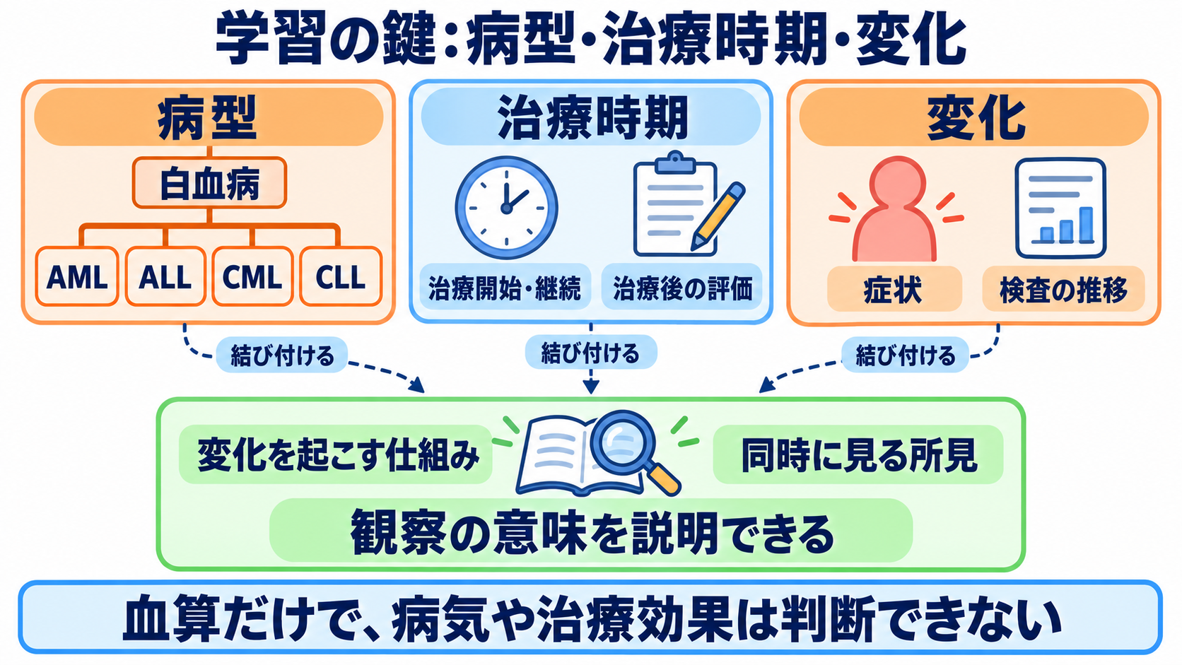 成人の白血病を、病態・検査・治療と看護観察のつながりから理解する：学習では、病名より病型・治療時期・変化を結び付けるの図解