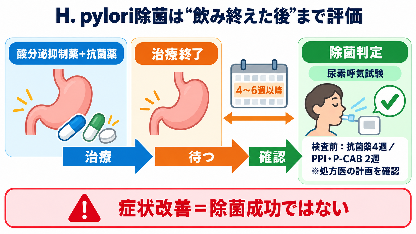 消化器で使われる薬剤の基本：作用の理由、副作用、看護観察を目的別に理解する：胃酸抑制薬は目的を確認し、H. pylori除菌は「飲み終えた後」まで評価するの図解