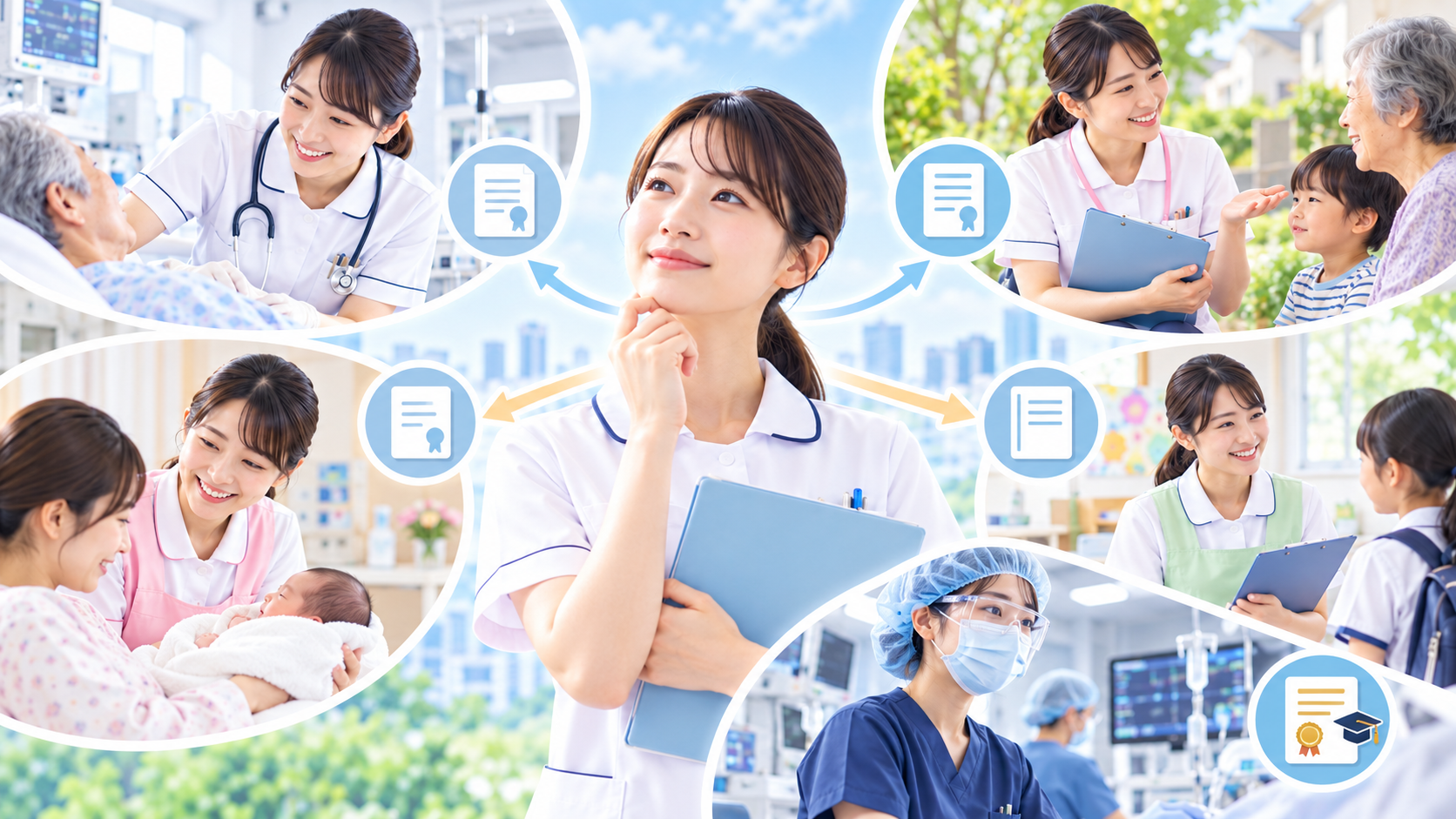看護師資格を活かせる仕事・働く場所とは？病院以外の転職先から企業・在宅・海外での働き方まで解説：看護師免許だけで働ける仕事と追加資格が必要な仕事を区別しようの図解