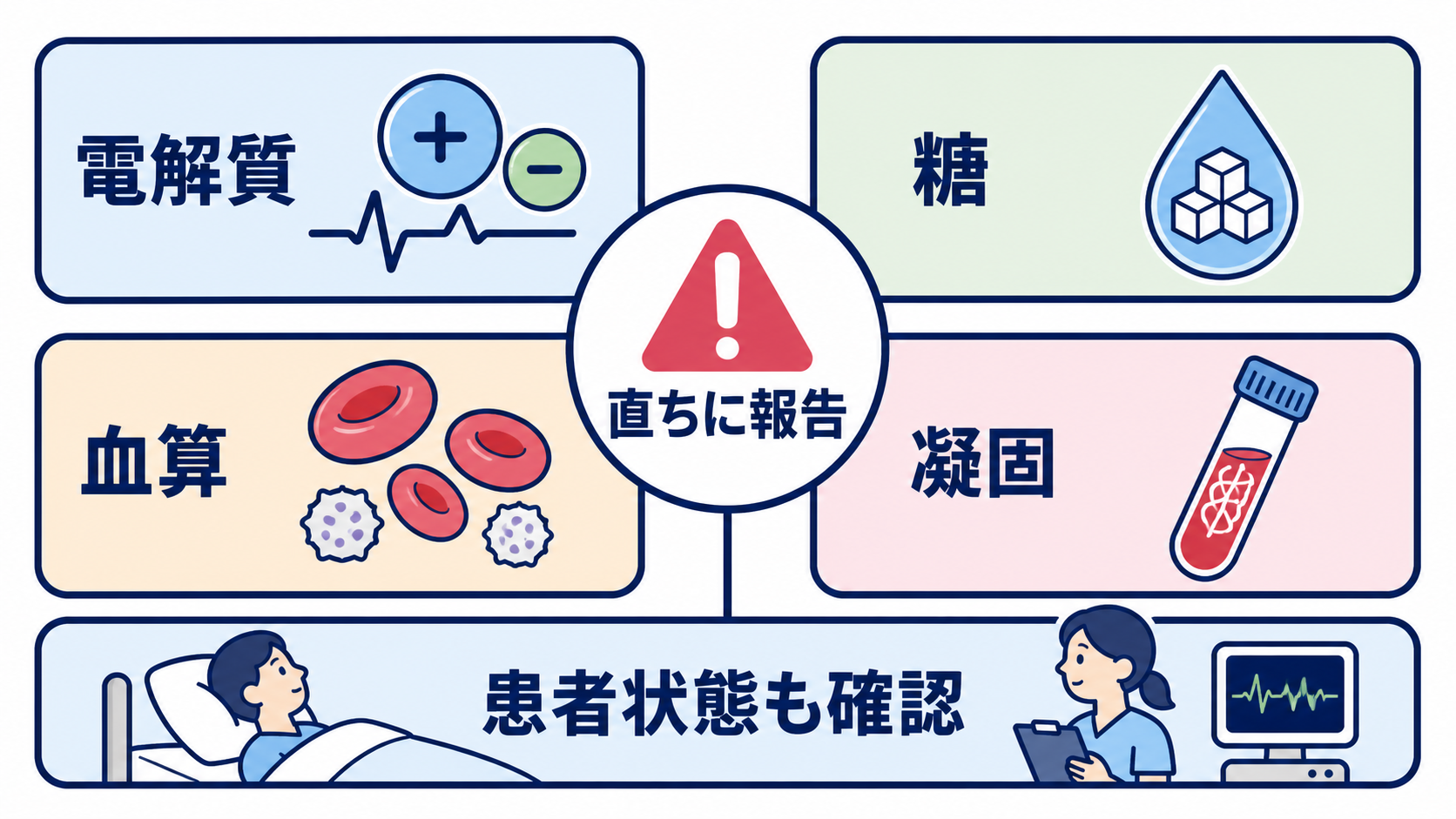 採血データの見方はどこから？優先順位と報告の組み立て方：最優先で確認する代表項目は、電解質・糖・血算・凝固の図解