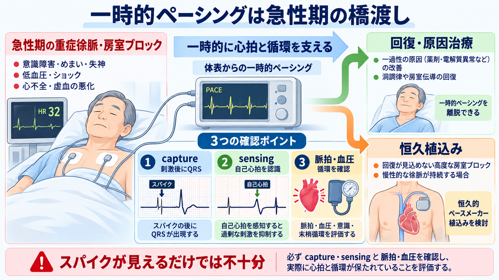 ペースメーカーの種類と適応を整理する｜VVI・DDD・リードレスから看護観察まで：急性期の重症徐脈では一時的ペーシングが恒久植込みまでの橋渡しになるの図解