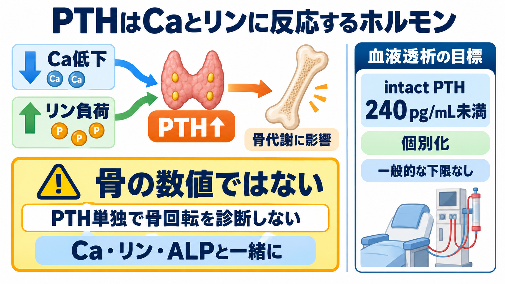 CKD-MBDとは？リン・カルシウム・PTHの読み方と看護観察の意味：PTHは「骨の数値」ではなく、Caとリンに反応するホルモンとして読むの図解