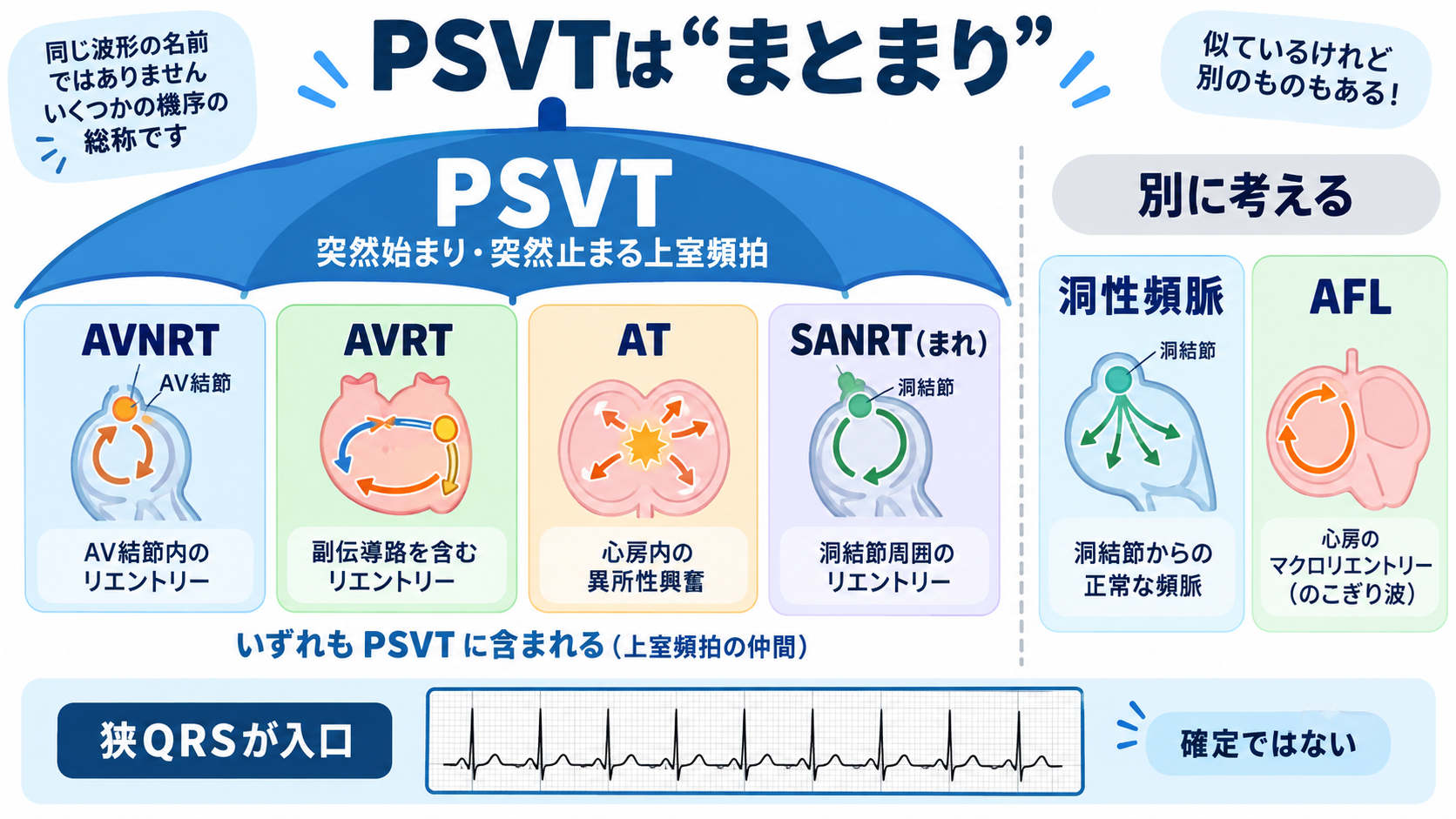 頻脈の見分け方：洞性頻脈・PSVT・AVNRT・AVRT・SANRT・AT・2:1心房粗動を順番に理解する：PSVTは一つの波形名ではなく、突然始まり突然止まる上室頻拍のまとまりであるの図解