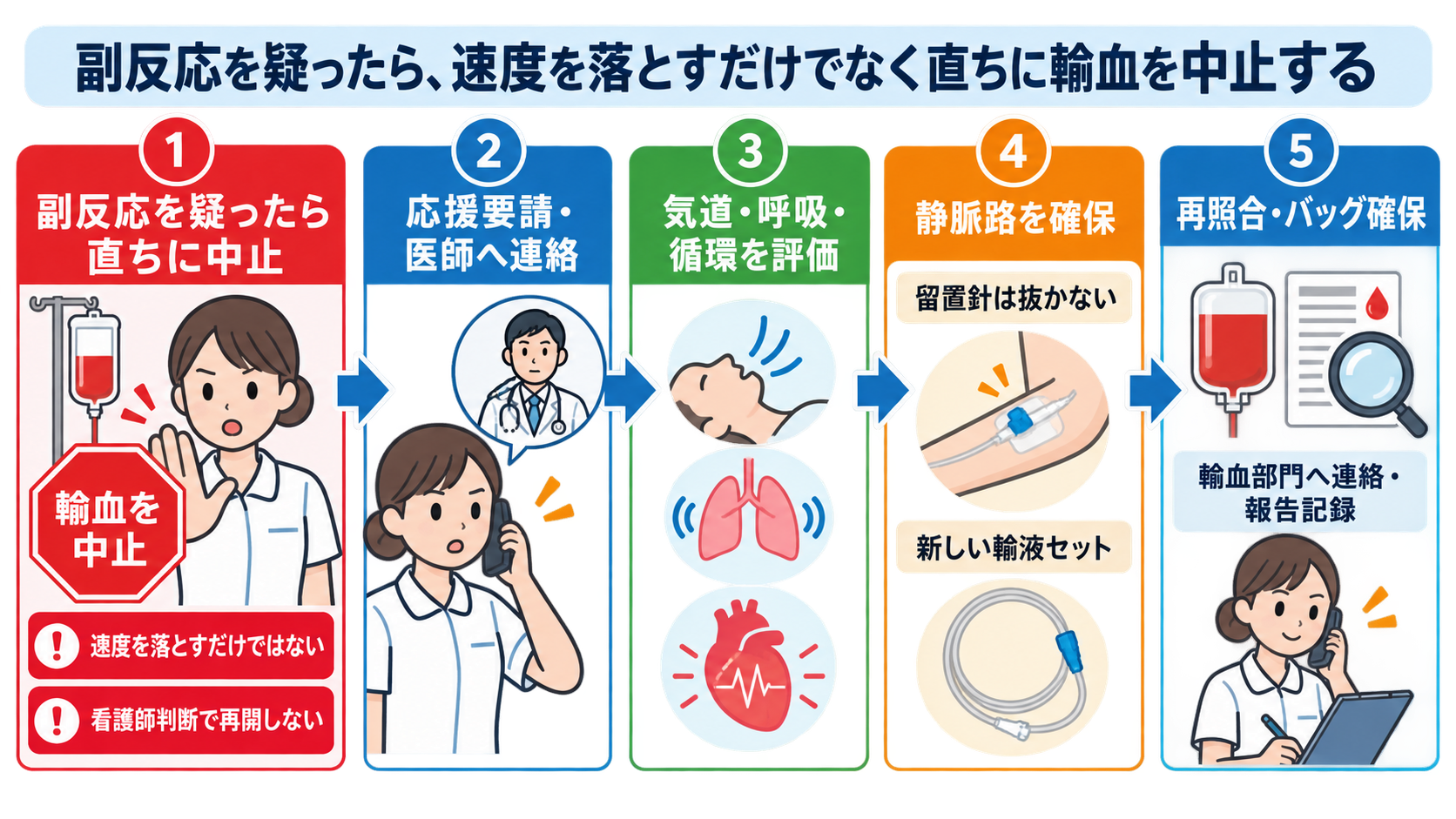 輸血看護の基本｜赤血球・血小板・FFPの違い、滴下速度、観察、副反応時の対応：副反応を疑ったら、速度を落とすだけでなく直ちに輸血を中止するの図解