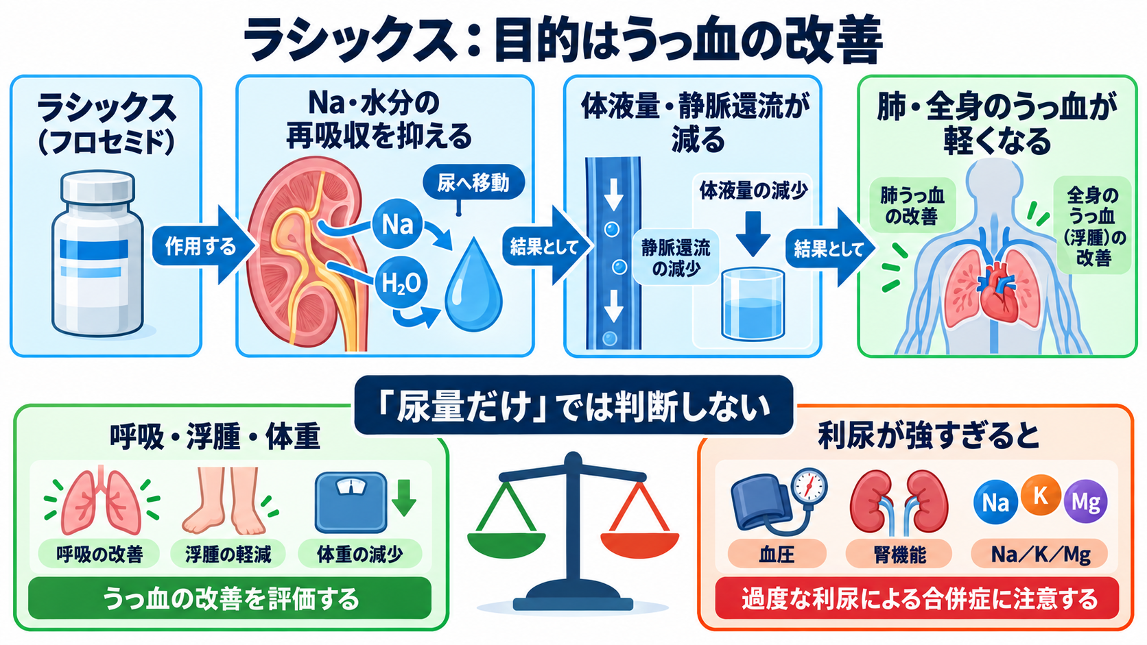 心臓の薬は何を変える？商品名からつなぐ作用と看護観察：ラシックスは「尿を出す薬」ではなく、うっ血を軽くする薬の図解