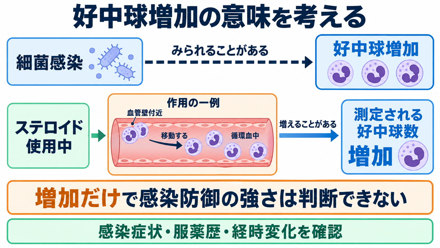 血液像の一覧と読み方：白血球の種類・基準範囲・異常所見を看護につなげる：白血球の増減は、感染・薬剤・造血の変化を組み合わせて考えるの図解