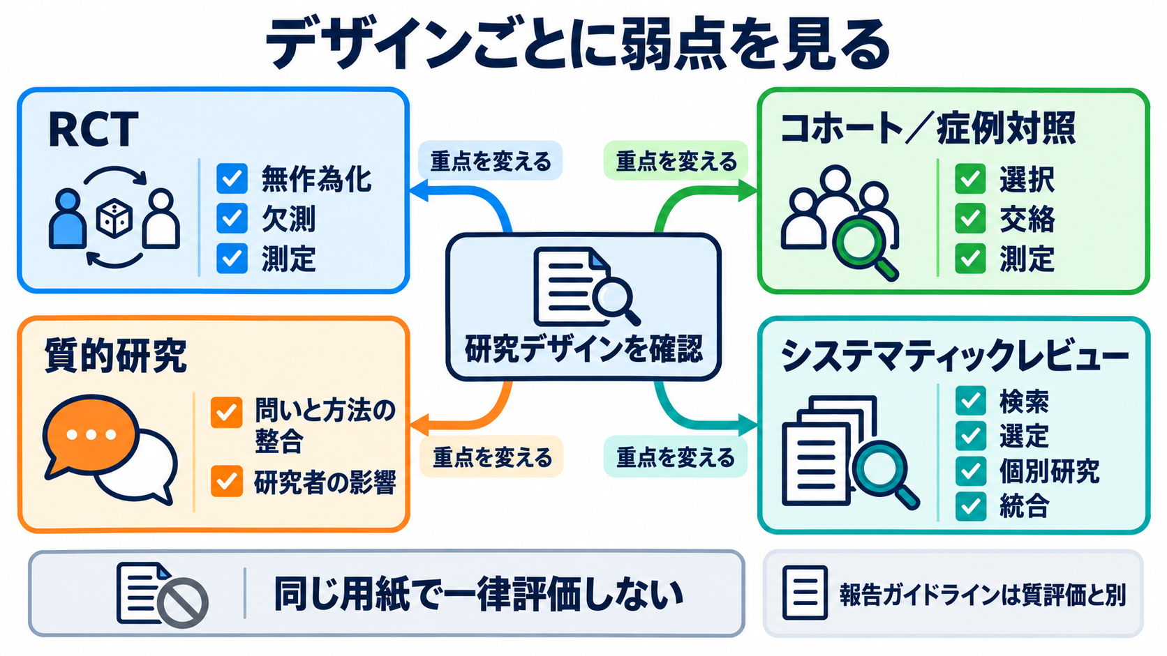 看護師のための文献の調べ方｜疑問の整理、検索式、論文評価、臨床への生かし方：研究デザインごとに、起こりやすい偏りを重点的に見るの図解